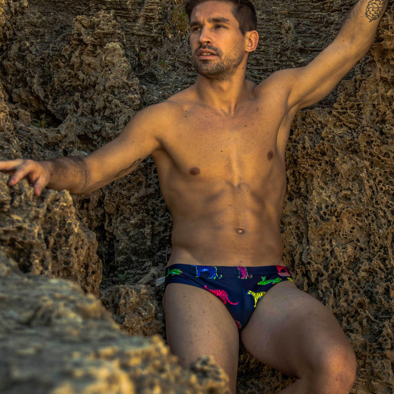 Apex predator brief swimwear with colourful tigers on navy base